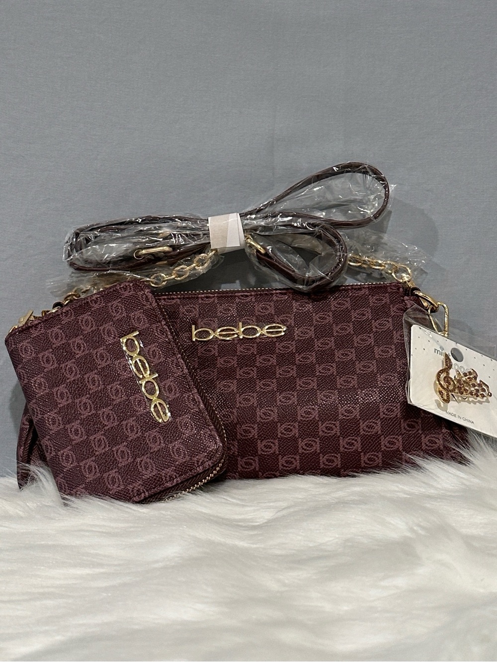 bebe Adela Burgundy Monogram Baguette Crossbody with Matching Wallet